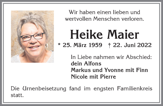 Traueranzeige von Heike Maier von Allgäuer Zeitung,Kempten
