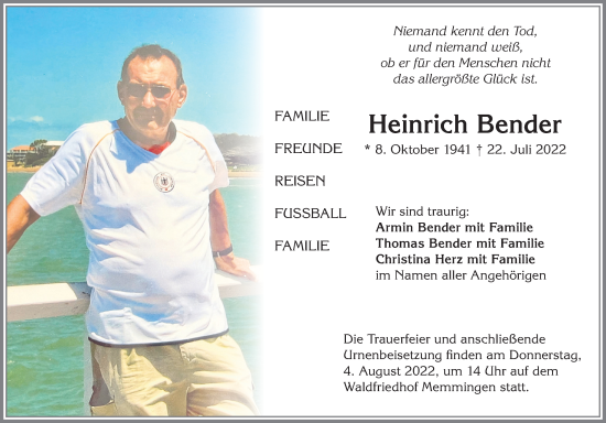 Traueranzeige von Heinrich Bender von Memminger Zeitung