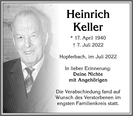 Traueranzeige von Heinrich Keller von Allgäuer Zeitung,Kempten