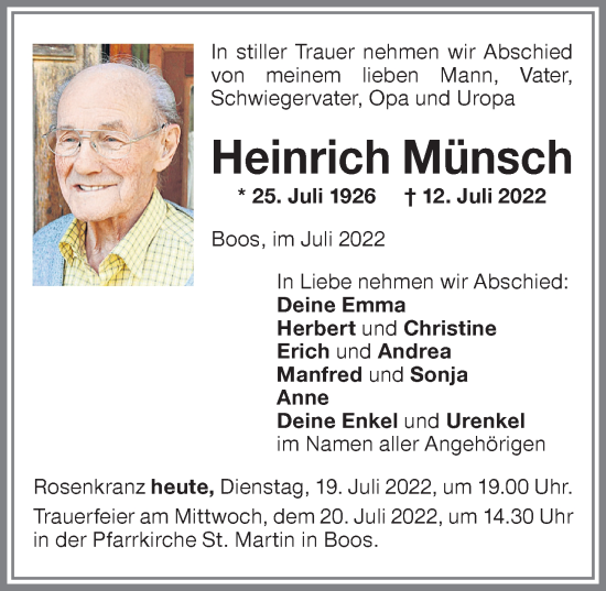 Traueranzeige von Heinrich Münsch von Memminger Zeitung
