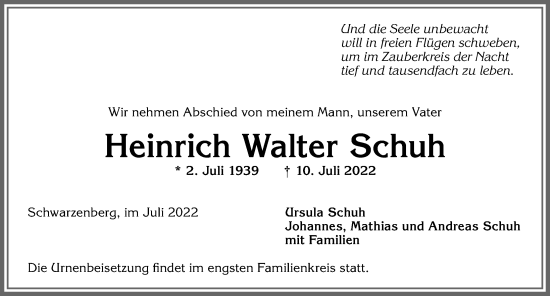 Traueranzeige von Heinrich Walter Schuh von Allgäuer Zeitung,Kempten