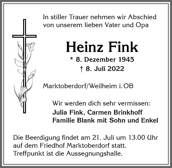 Traueranzeige von Heinz Fink von Allgäuer Zeitung, Marktoberdorf