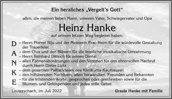 Traueranzeige von Heinz Hanke von Allgäuer Zeitung, Marktoberdorf