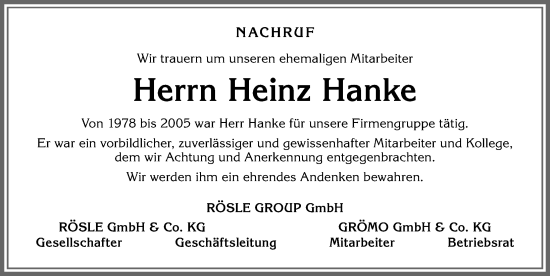 Traueranzeige von Heinz Hanke von Allgäuer Zeitung, Marktoberdorf