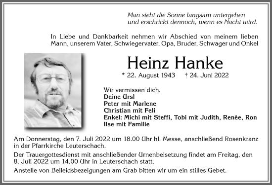 Traueranzeige von Heinz Hanke von Allgäuer Zeitung, Marktoberdorf