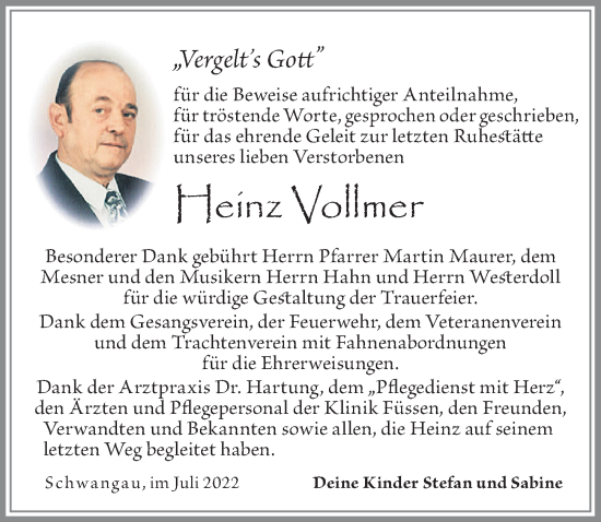 Traueranzeige von Heinz Vollmer von Allgäuer Zeitung, Füssen