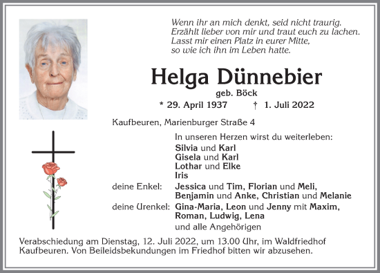 Traueranzeige von Helga Dünnebier von Allgäuer Zeitung, Kaufbeuren/Buchloe