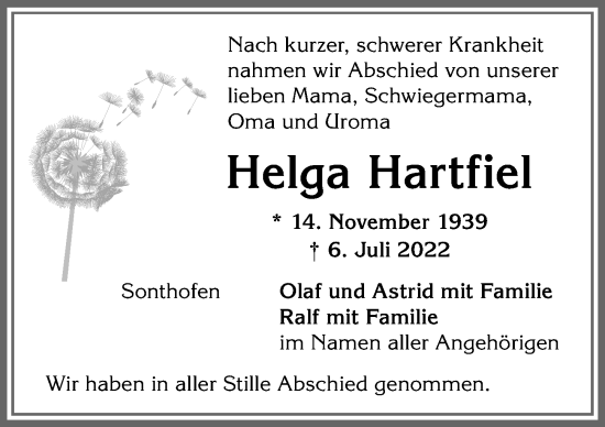 Traueranzeige von Helga Hartfiel von Allgäuer Anzeigeblatt