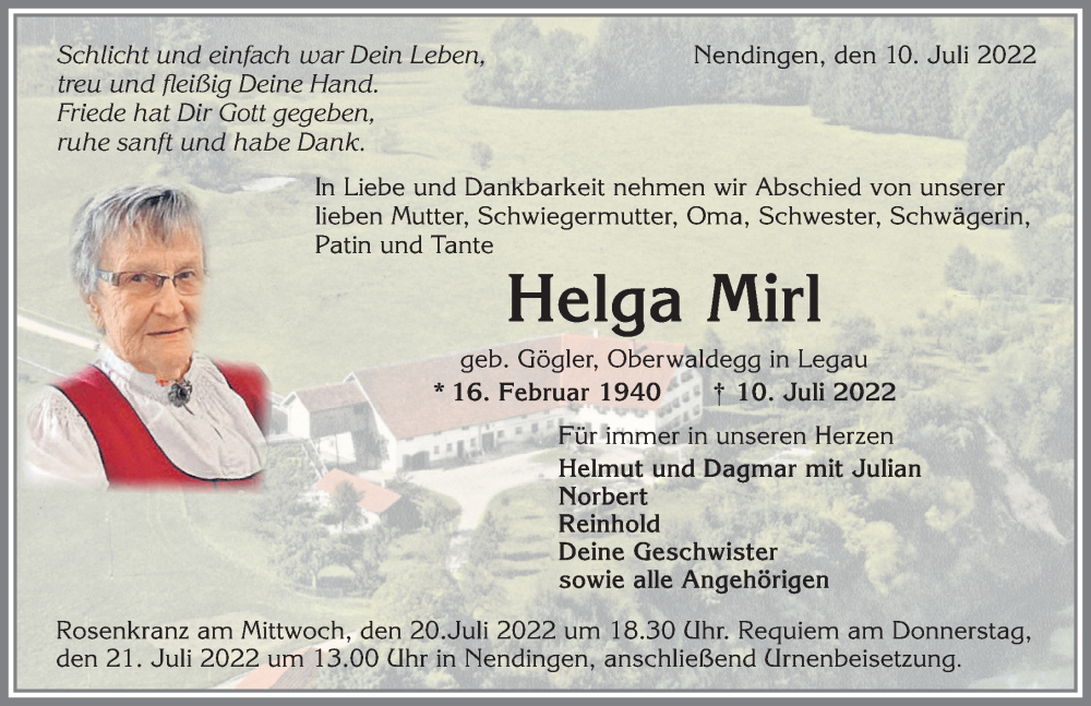  Traueranzeige für Helga Mirl vom 19.07.2022 aus Allgäuer Zeitung,Kempten