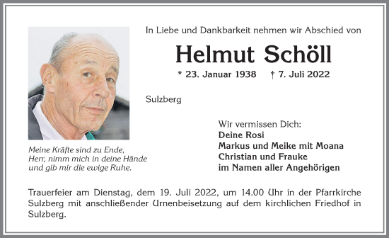 Traueranzeige von Helmut Schöll von Allgäuer Zeitung,Kempten