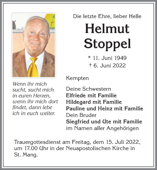 Traueranzeige von Helmut Stoppel von Allgäuer Zeitung,Kempten