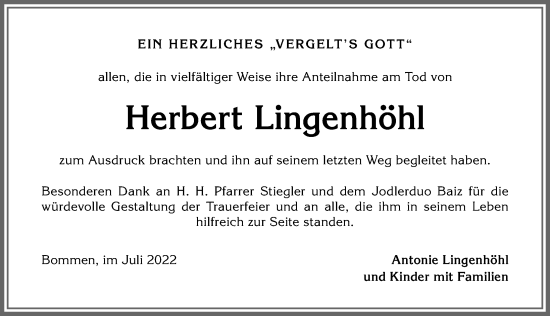 Traueranzeige von Herbert Lingenhöhl von Allgäuer Anzeigeblatt