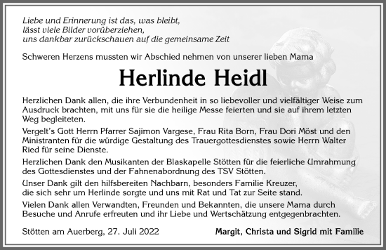 Traueranzeige von Herlinde Heidl von Allgäuer Zeitung, Marktoberdorf