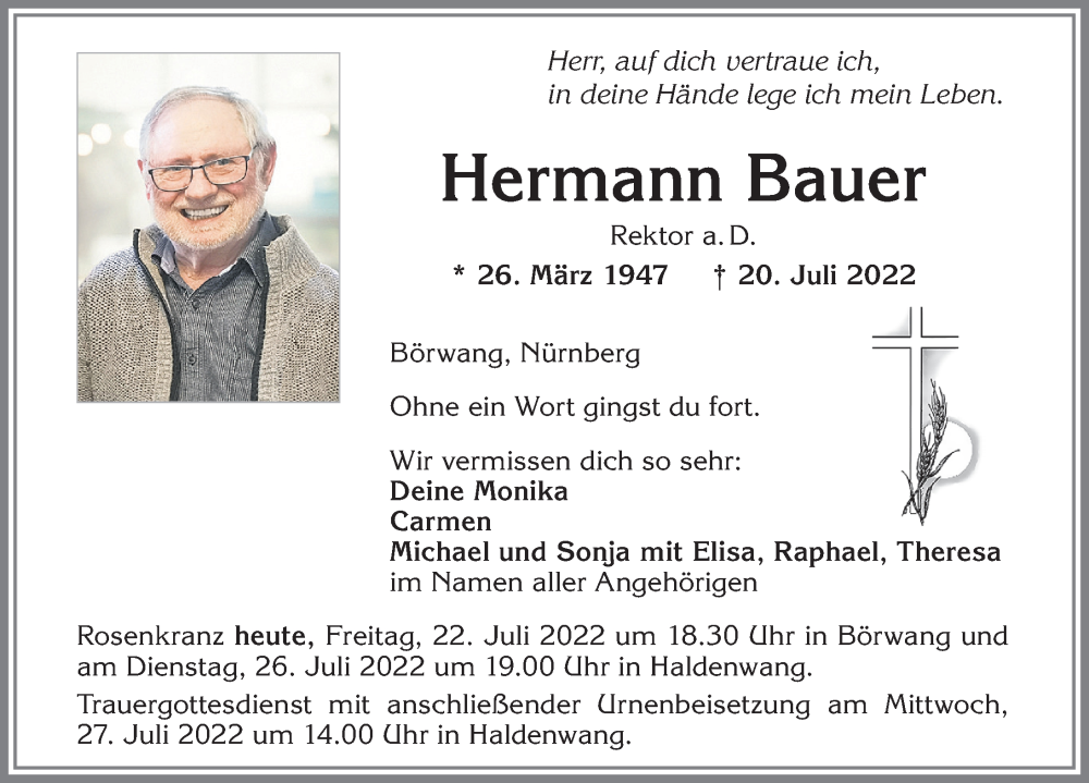  Traueranzeige für Hermann Bauer vom 22.07.2022 aus Allgäuer Zeitung,Kempten