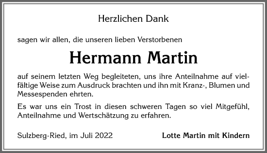 Traueranzeige von Hermann Martin von Allgäuer Zeitung,Kempten