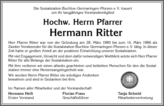 Traueranzeige von Hermann Ritter von Allgäuer Zeitung, Kaufbeuren/Buchloe