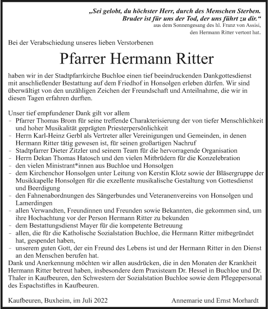 Traueranzeige von Hermann Ritter von Allgäuer Zeitung, Kaufbeuren/Buchloe