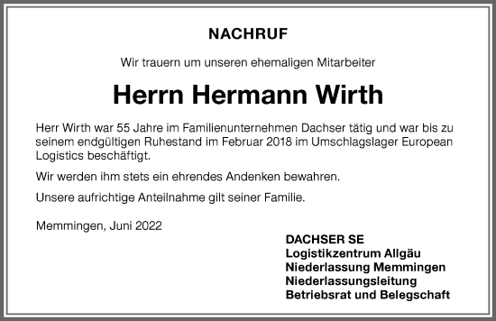 Traueranzeige von Hermann Wirth von Memminger Zeitung