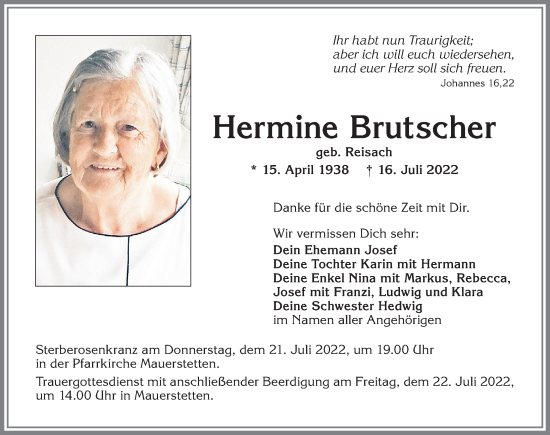 Traueranzeige von Hermine Brutscher von Allgäuer Zeitung, Kaufbeuren/Buchloe