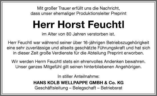 Traueranzeige von Horst Feuchtl von Memminger Zeitung