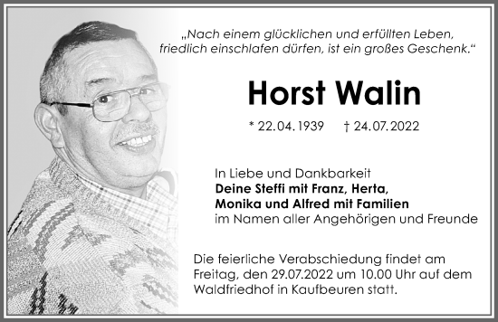 Traueranzeige von Horst Walin von Allgäuer Zeitung, Kaufbeuren/Buchloe