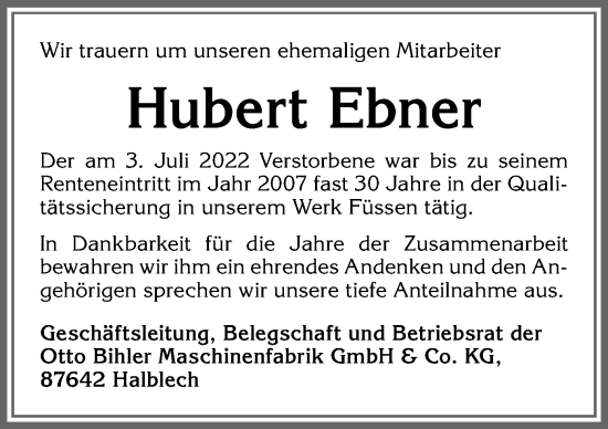 Traueranzeige von Hubert Ebner von Allgäuer Zeitung, Füssen