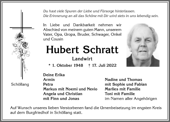 Traueranzeige von Hubert Schratt von Allgäuer Anzeigeblatt