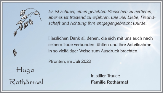Traueranzeige von Hugo Rothärmel von Allgäuer Zeitung, Füssen