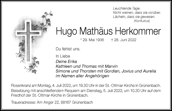 Traueranzeige von Hugo Mathäus Herkommer von Der Westallgäuer