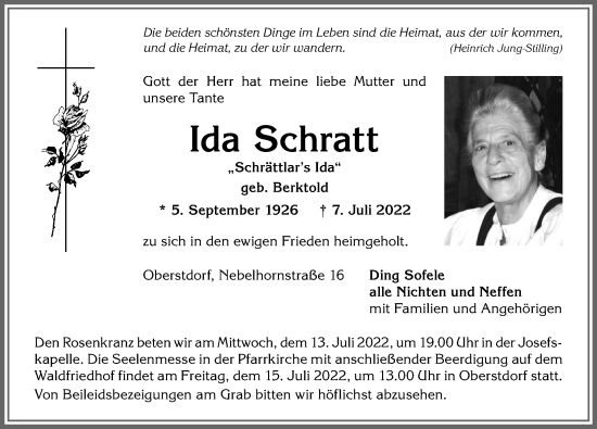 Traueranzeige von Ida Schratt von Allgäuer Anzeigeblatt