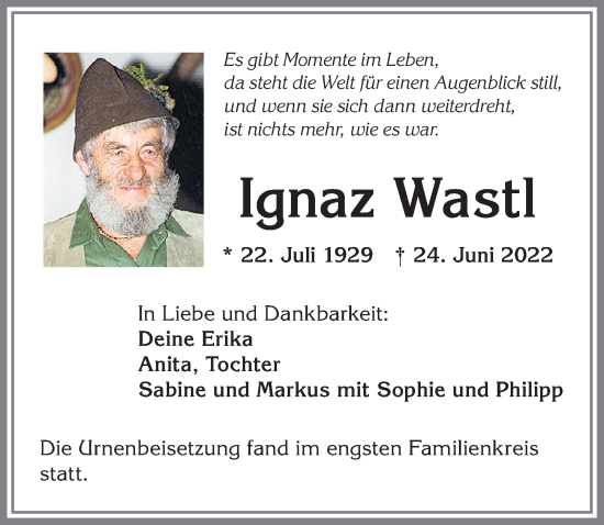 Traueranzeige von Ignaz Wastl von Allgäuer Zeitung,Kempten