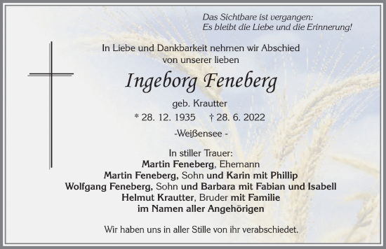 Traueranzeige von Ingeborg Feneberg von Allgäuer Zeitung, Füssen