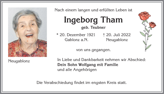 Traueranzeige von Ingeborg Tham von Allgäuer Zeitung, Kaufbeuren/Buchloe