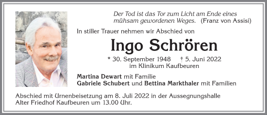 Traueranzeige von Ingo Schrören von Allgäuer Zeitung, Kaufbeuren/Buchloe