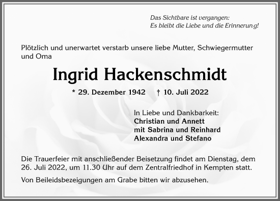 Traueranzeige von Ingrid Hackenschmidt von Allgäuer Zeitung,Kempten