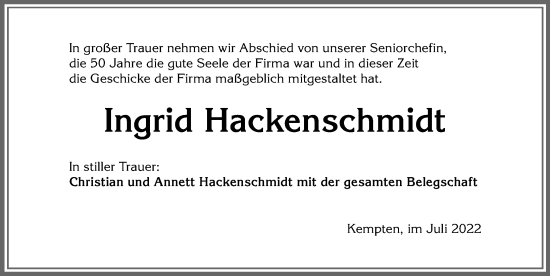Traueranzeige von Ingrid Hackenschmidt von Allgäuer Zeitung,Kempten