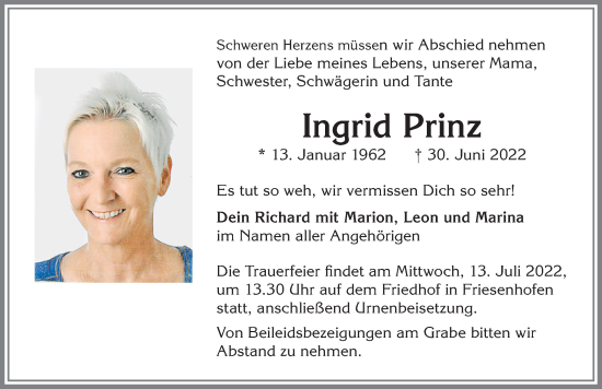 Traueranzeige von Ingrid Prinz von Allgäuer Zeitung,Kempten