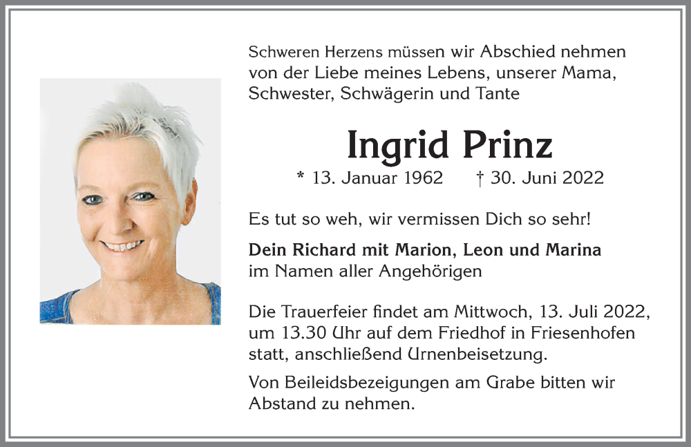  Traueranzeige für Ingrid Prinz vom 09.07.2022 aus Allgäuer Zeitung,Kempten