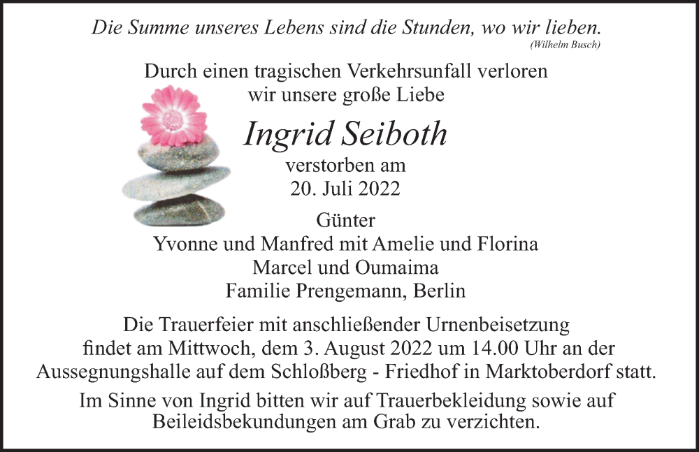  Traueranzeige für Ingrid Seiboth vom 30.07.2022 aus Allgäuer Zeitung, Marktoberdorf
