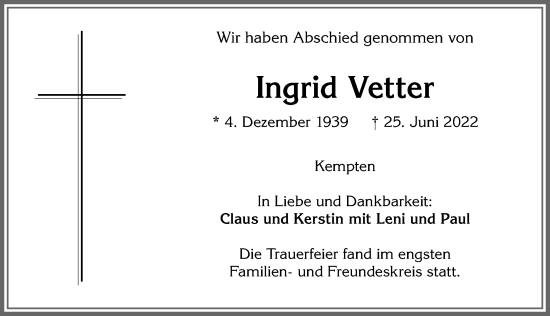 Traueranzeige von Ingrid Vetter von Allgäuer Zeitung,Kempten