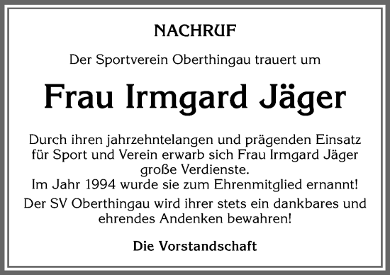 Traueranzeige von Irmgard Jäger von Allgäuer Zeitung, Marktoberdorf