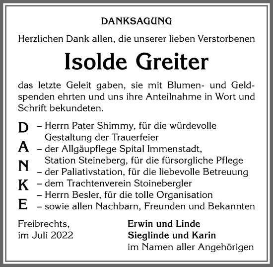 Traueranzeige von Isolde Greiter von Allgäuer Anzeigeblatt