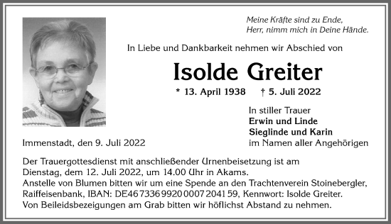 Traueranzeige von Isolde Greiter von Allgäuer Anzeigeblatt