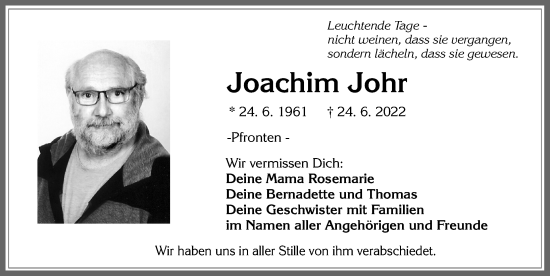Traueranzeige von Joachim Johr von Allgäuer Zeitung, Füssen