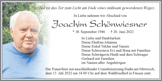Traueranzeige von Joachim Schönwiesner von Allgäuer Zeitung, Füssen