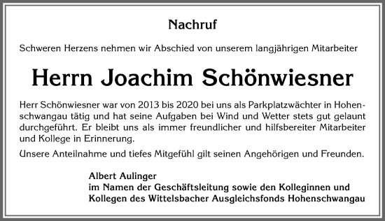 Traueranzeige von Joachim Schönwiesner von Allgäuer Zeitung, Füssen