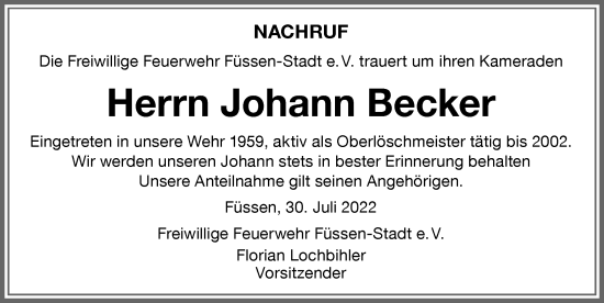 Traueranzeige von Johann Becker von Allgäuer Zeitung, Füssen