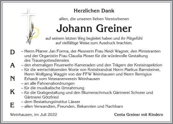Traueranzeige von Johann Greiner von Allgäuer Zeitung, Marktoberdorf