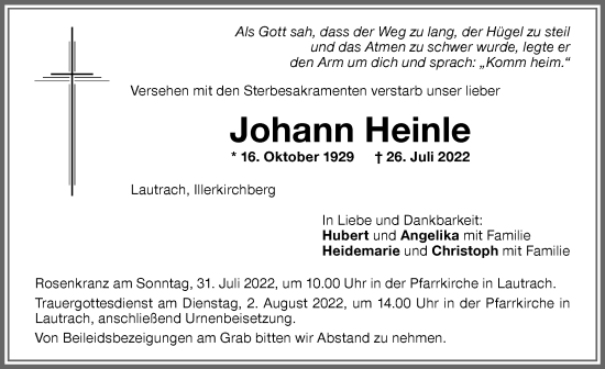 Traueranzeige von Johann Heinle von Memminger Zeitung