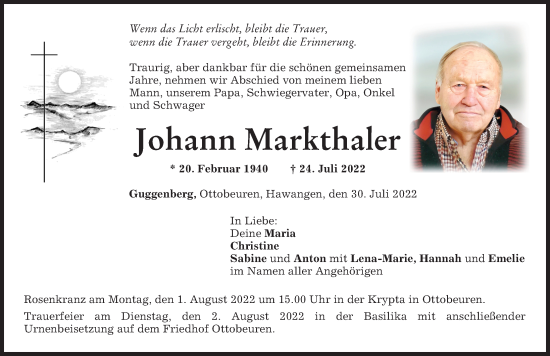 Traueranzeige von Johann Markthaler von Memminger Zeitung